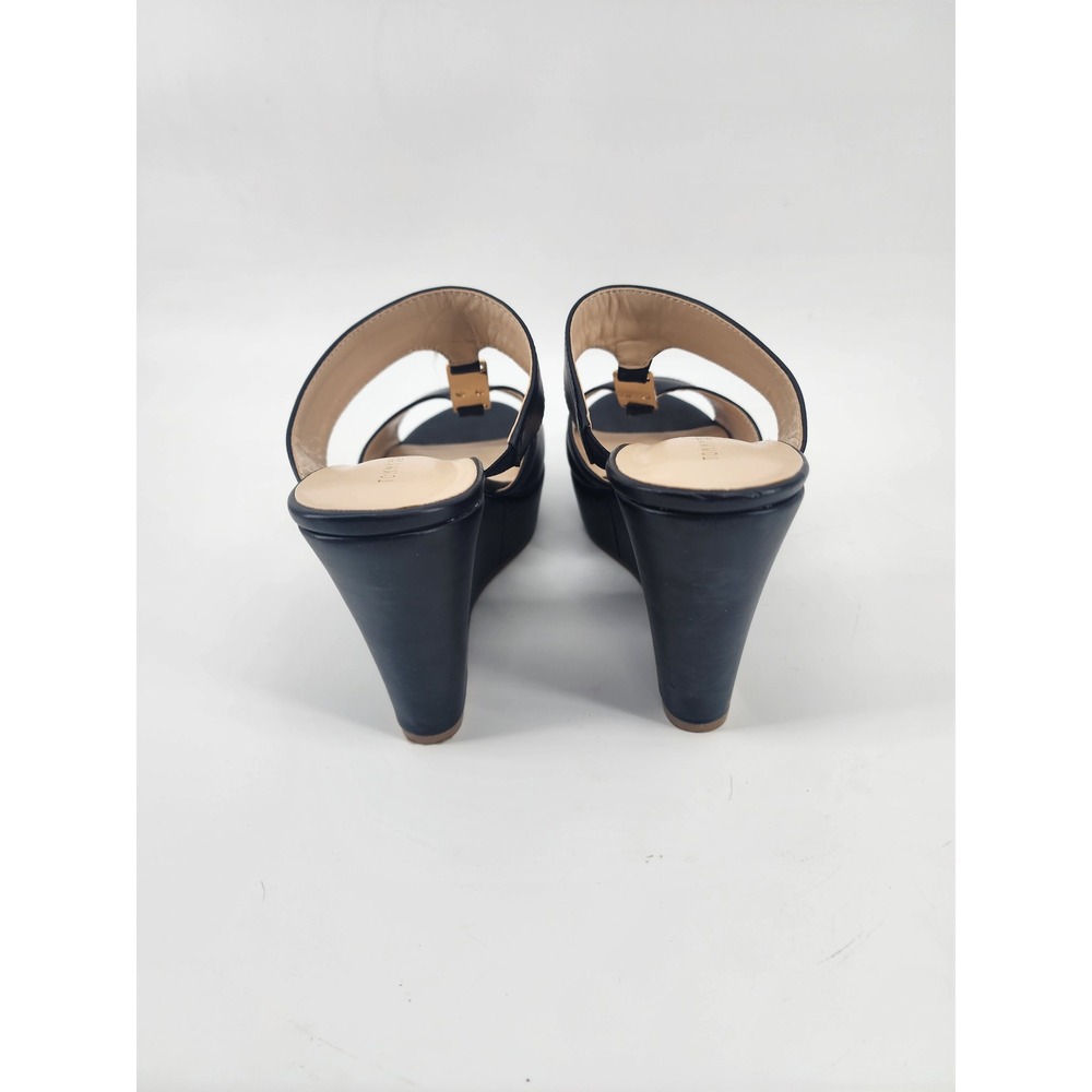 Tommy Hilfiger Womens Black Leather Wedge Platform Sandals Gold Logo Size 9M - Picture 6 of 8